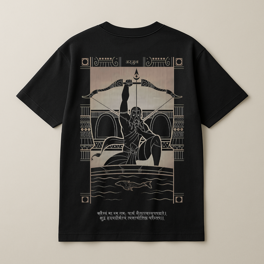 Black t-shirt with a graphic design on the back featuring a warrior and architectural elements.